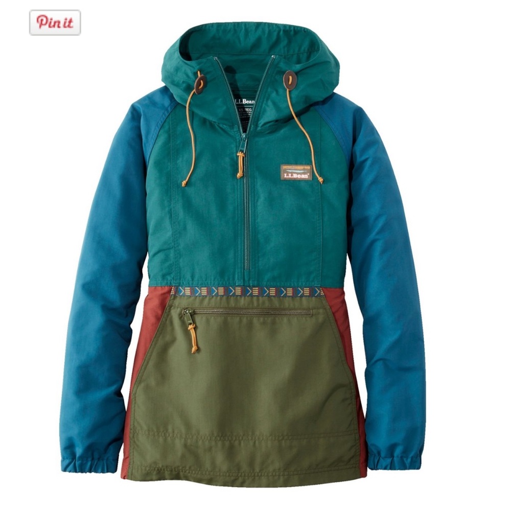 L.L. Bean Teal, Blue, Olive and Rust Colorblock Hooded Anorak